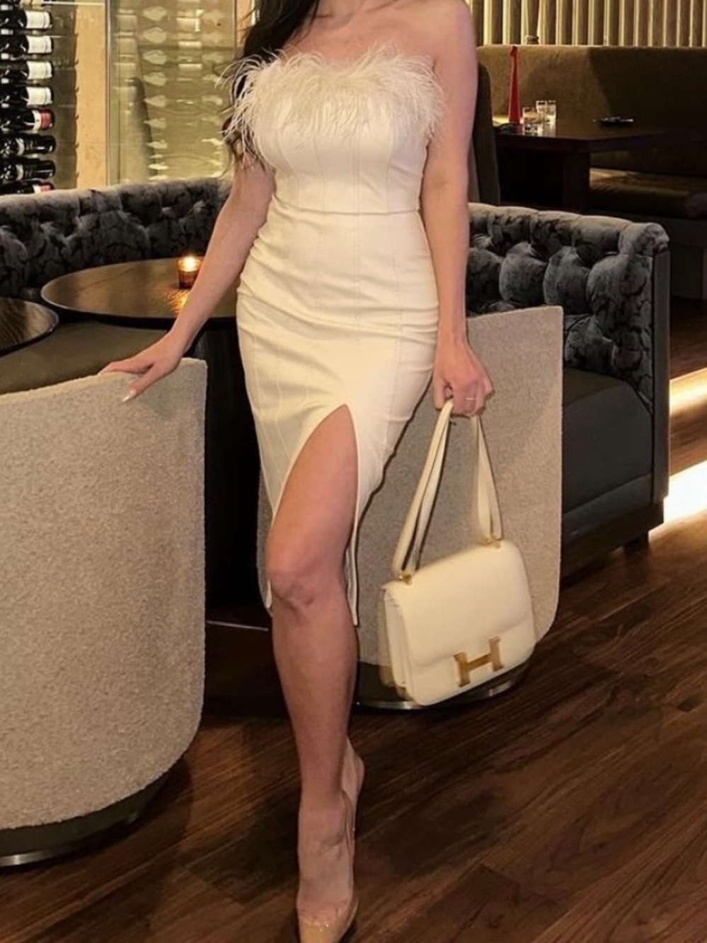 Strapless Feather-Trim Cream Midi Dress with Side Slit